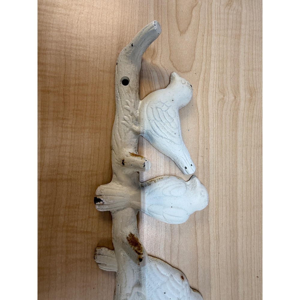 Vintage Style Cast Iron Birds on Branch Wall Hook Rack White Distressed 19 Inch - Picture 5 of 15